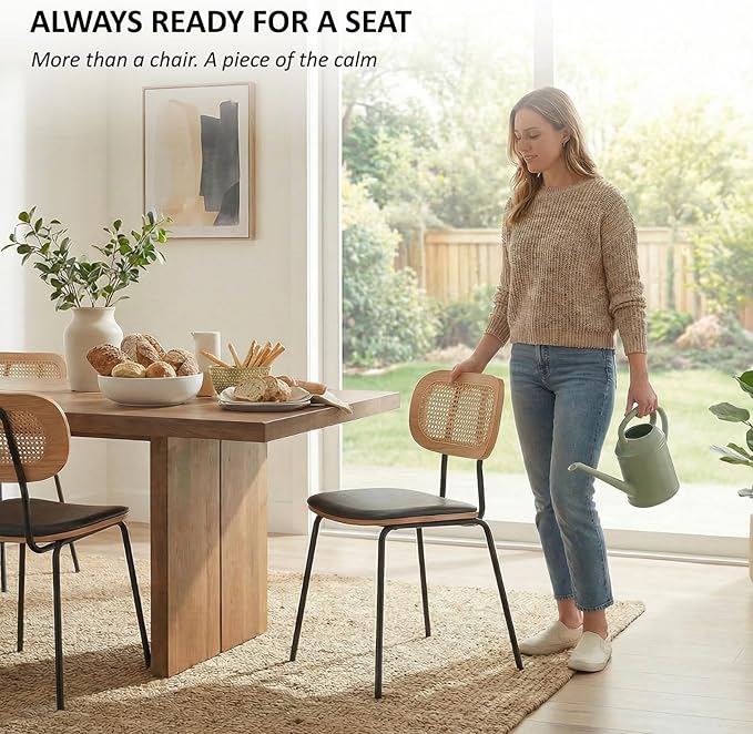 Mid-Century Modern Rattan Cane Back Dining Chairs Set of 4 — PU Leather Upholstered Seat, Black Metal Legs, Kitchen Side Chairs for Kitchen & Dining Room, Black