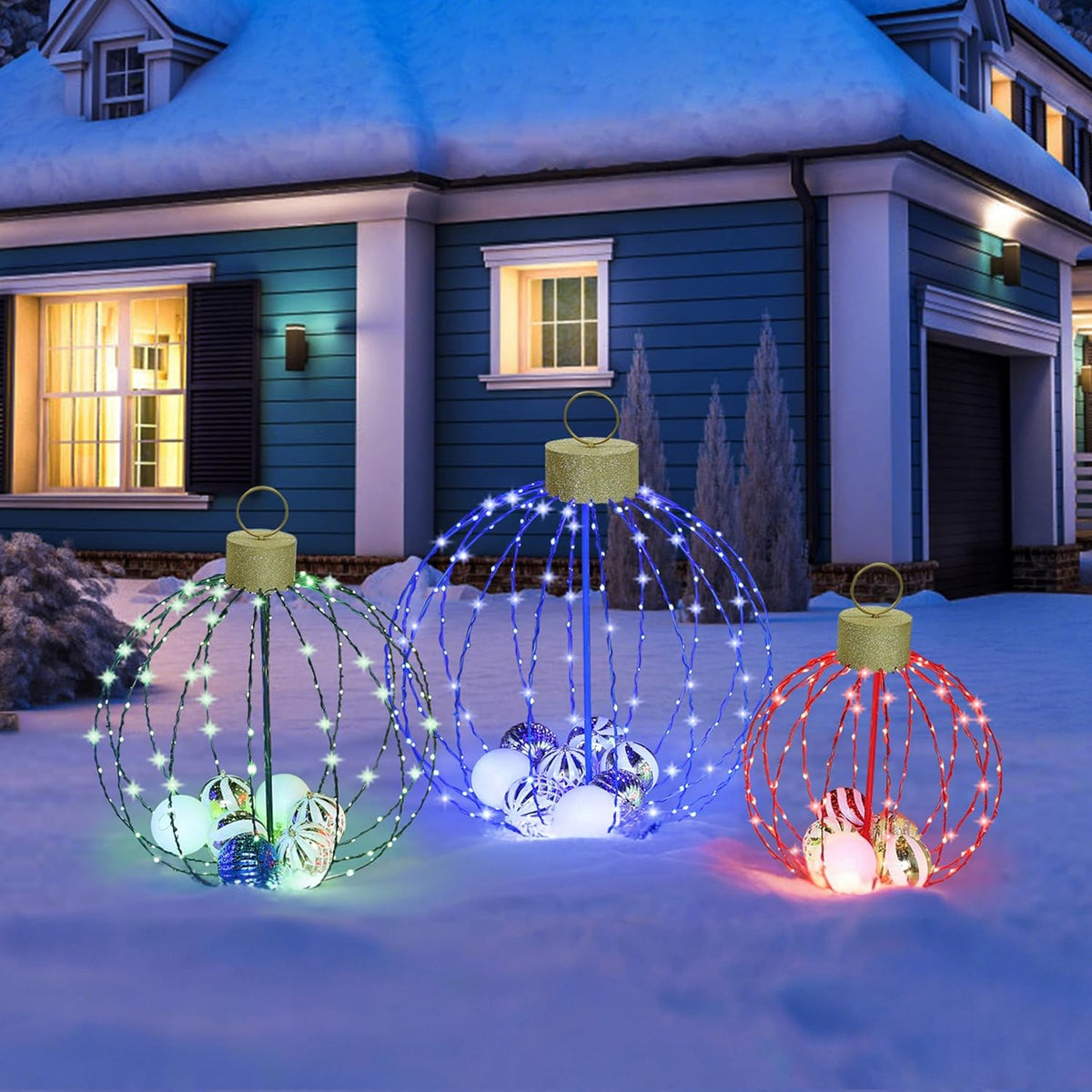 Outdoor Christmas Decorations, Set of 3 Lighted Christmas Ball Ornaments with 570 LED Lights, 6 Ground Stakes, Included 20 Small Plastic Xmas Ball Ornaments for Holiday Decor Yard