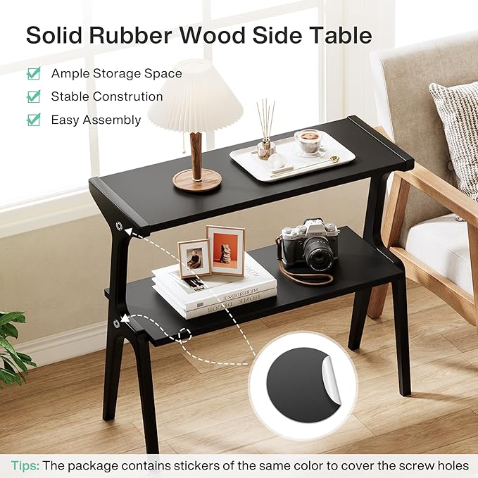 Tribesigns Set of 2 Solid Wood Side Table, 2-Tier Modern Slim Couch Side Table with Storage Shelf, Sofa End Table with Deer-Shaped Legs for Living Room, Skinny Bedside Nightstand for Bedroom, Black