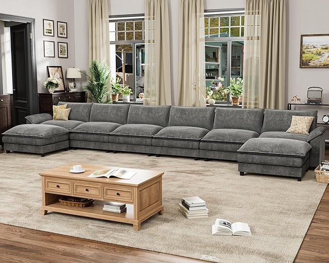 Homall 232" Modular Sectional Sofa, Oversized Sofa Couch with Reversible Ottoman, DIY Combination Chenille Deep 6-Seat Cloud Couch for Living Room, Apartment (Light Grey, Oversized Sofa)