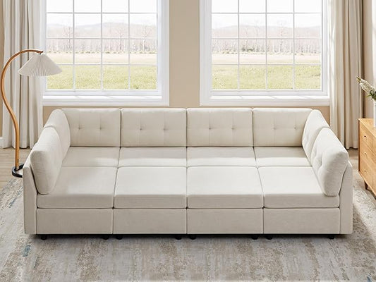 VANOMi 6 Seat Modular Sectional Sofa with 2 Ottomans, 118" Convertible Modular Cloud Sofa Bed, Comfy Chenille Sofas & Couches for Living Room, Apartment, Office, Beige, Large Sofa Bed