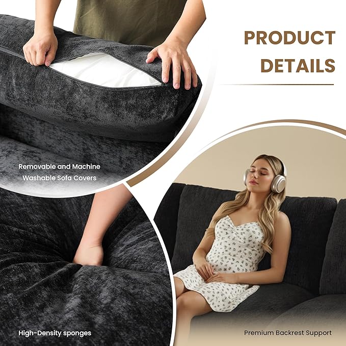 WJShome V Shaped Sectional Couch 100 Inch 5-Seater Modern Modular Sofa,Chenille Deep Seat Couches for Living Room, Bedroom and Apartment，Black