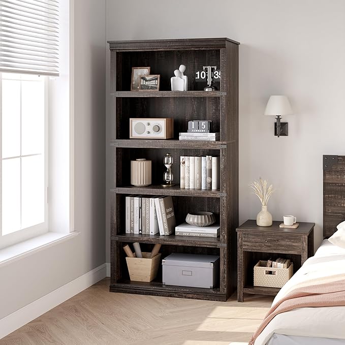 IDEALHOUSE 5 Tier Bookcase, Farmhouse Book Shelf with Storage, 71" Tall Book Case Wooden 5 Shelf Bookcase for Home Office, Living Room, Bed Room (Cherry, 67.4" H x 31.5" W x 12.8" D)
