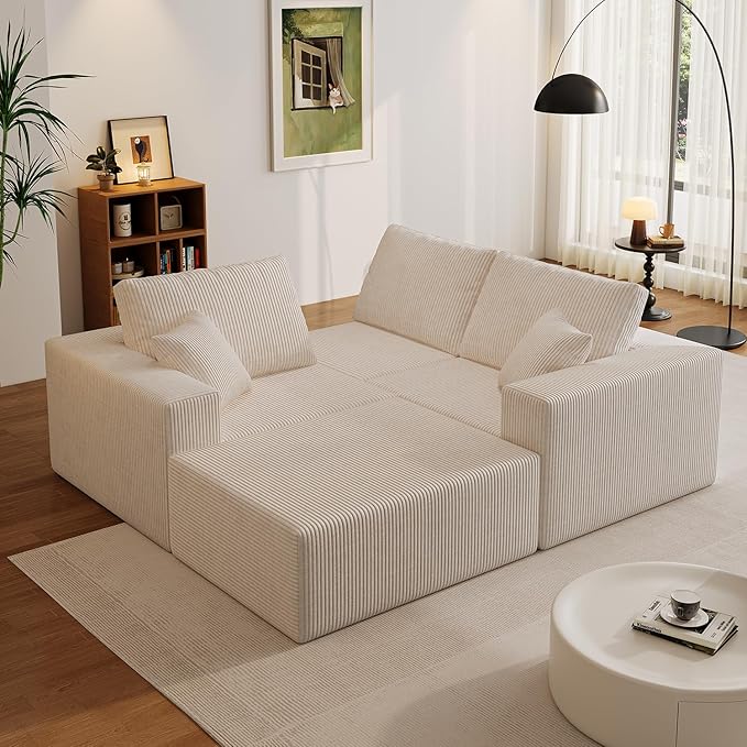 110" Boneless Cloud Sectional Couch for Living Room, Compressed Modular L-Shaped Sofa with Deep Seat, Frameless Corduroy Couch in Boxes, No Assembly Required 3-Seater (Right-Facing Chaise, Beige)