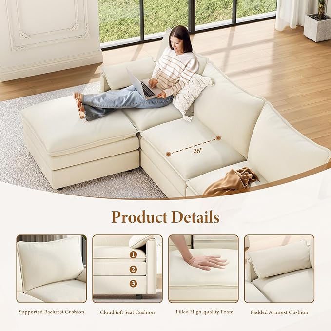 Vesgantti 108" V-Shaped Corner Couch Sectional, 7 Seat Customizable Modular Cloud Couches with Movable Ottoman, Chenille Deep Seat Sofa Set with Chaise for Living Room, Bedroom and Apartment, Beige