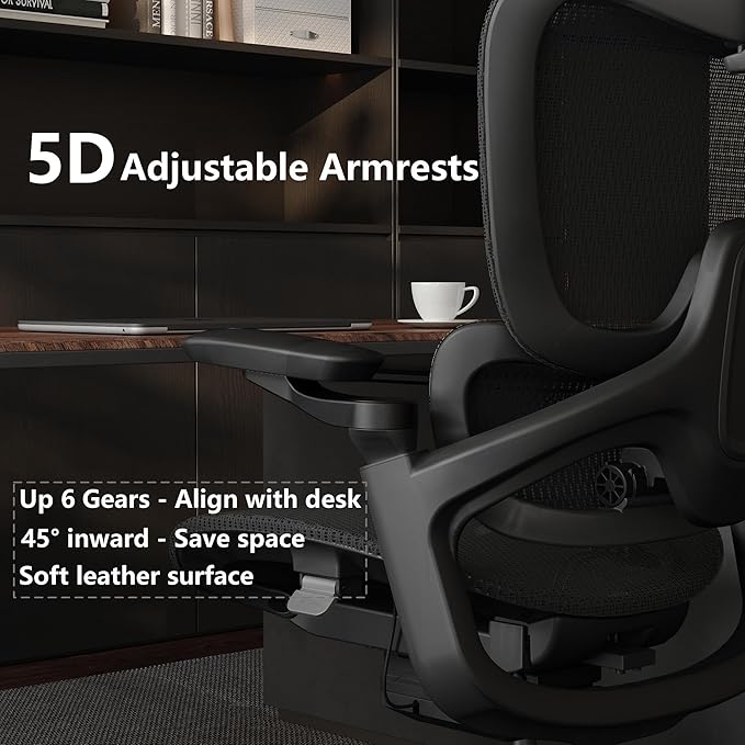 Ergonomic Office Chair, Big and Tall Mesh Computer Gaming Chair with Headrest, Work Chair with Adaptive Lumbar Support, 5D Armrest,90-130°Tilt, Model Zen (All Black)
