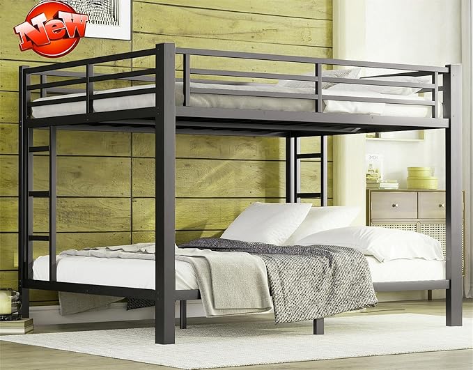 Higher Quality & Stronger Heavy Duty Steel Black Bunk Bed Queen Over Queen Size Bunkbed, Thickened More Stable Safer Metal Bunk Bed (Easier to Assemble)
