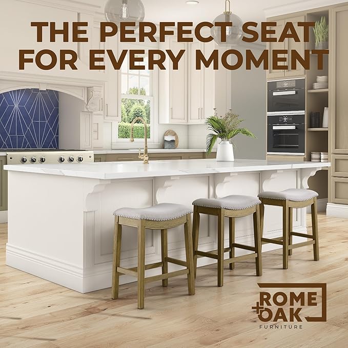 ROME + OAK Parker 26 Inch Counter Stool, Backless Saddle Kitchen Barstool in Natural Wood Finish with Wheat Cream Fabric Upholstery Cushion Seat