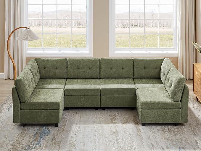 VANOMi 6 Seat Cloud Couches for Living Room, 118" Convertible Modular Cloud Sofas & Couches, Comfy Chenille Sectional Couch Sofa for Apartment, Office, Olive Green, L/U Shaped