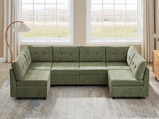 VANOMi 6 Seat Cloud Couches for Living Room, 118" Convertible Modular Cloud Sofas & Couches, Comfy Chenille Sectional Couch Sofa for Apartment, Office, Olive Green, L/U Shaped