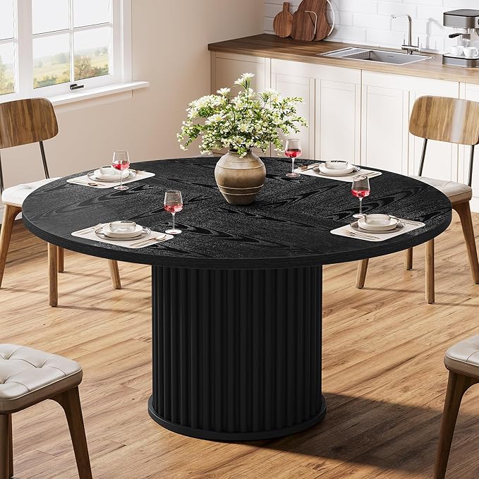 Tribesigns Round Dining Table for 4-6, 47-Inch Modern Circle Kitchen Table with Fluted Round Base, Farmhouse Wood Dinner Table for Dining Room, Kitchen, Living Room, Black