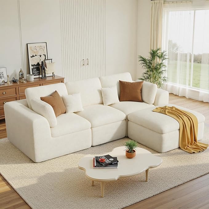 115" Cloud Boneless Sectional Couch, Deep Seat L Shaped Modular Couch with Ottoman, Oversized Upholstered Convertible 4 Seater Modular Sofa for Living Room,Beige Chenille