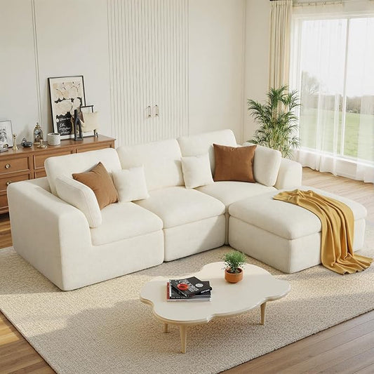 115" Cloud Boneless Sectional Couch, Deep Seat L Shaped Modular Couch with Ottoman, Oversized Upholstered Convertible 4 Seater Modular Sofa for Living Room,Beige Chenille