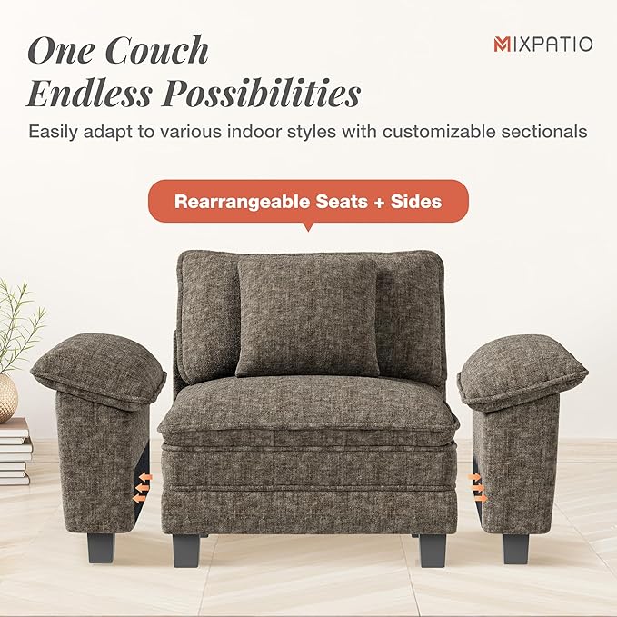L-Shaped Cloud Modular Sofa Set, Deep Seat 3-Piece 5-Seater Sectional Couch & Removable Arms, Plush Chenille for Living Room - Smoky Gray