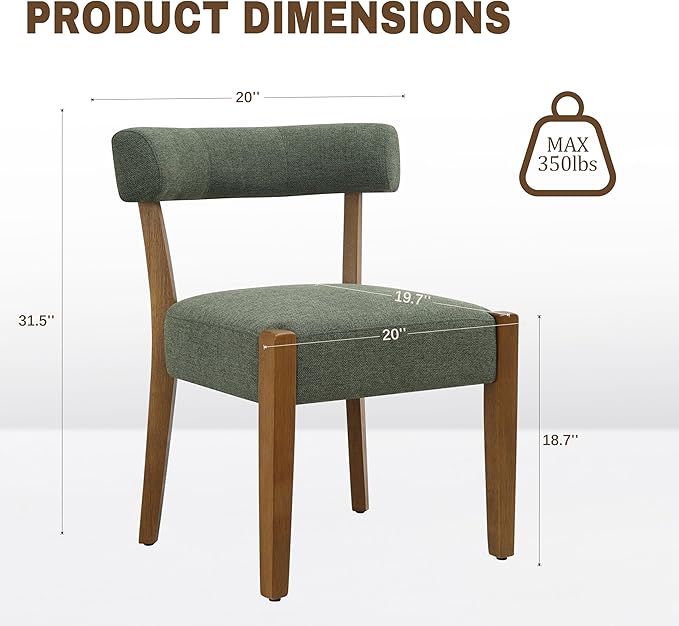 Modern Green Dining Chairs Set of 2, Walnut Upholstered Kitchen & Dining Room Chairs, Mid Century Modern Wooden Dining Chairs Oversized Sturdy Fabric Rounded Chairs Curved Back