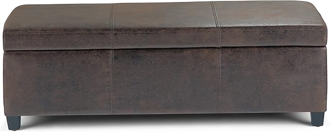 SIMPLIHOME Avalon Storage Ottoman Bench - 48 inch Wide Upholstered Vegan Leather Rectangular Lift-Top Ottoman in Distressed Brown, Contemporary Storage Bench for Living Room with High-Density Foam