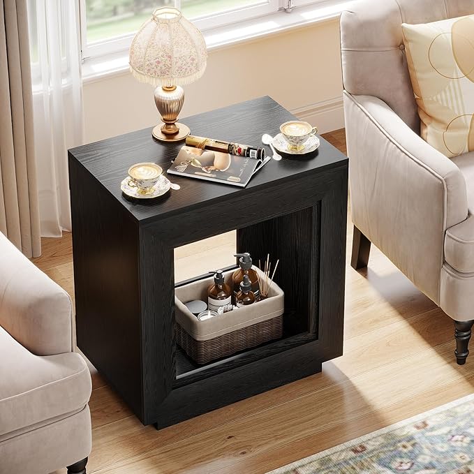 Tribesigns Rustic Wood End Table, 2 Tiered Square Side Table with Storage Shelf, Industrial Sofa Side Table for Living Room, Entrance (1, Dark)