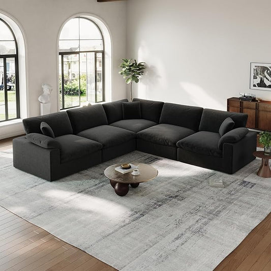 Cloud Modular Couch for Living Room,5 Seat V Shape Linen Blend Sofas,Modern Deep Seat Cloud Sofas,Convertible Comfort Down Filled Sectional Couches,Removable Washable Cushion Covers,Black
