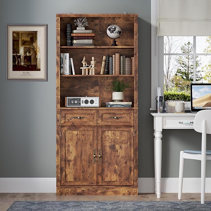 71.4" Tall Bookshelf with Drawers & Cabinet, 5-Tier Floor Standing Bookcase with Storage Doors, Adjustable Shelves & Metal Handles, 31.5" Wide Organizer for Home Office, Living Room
