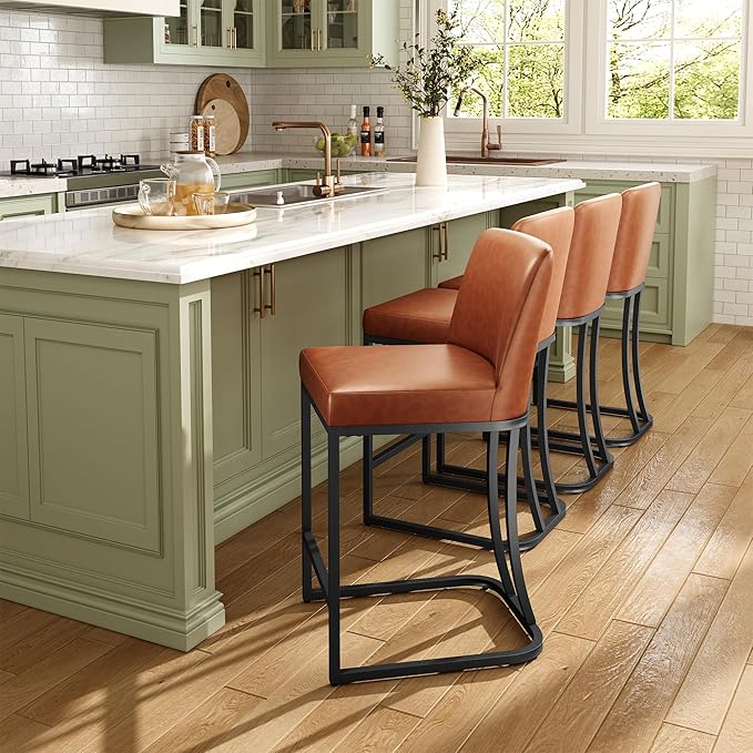MAISON ARTS Counter Height Bar Stools with Back Set of 2 for Kitchen Counter, 24 Inch Modern Upholstered Faux Leather Barstools Farmhouse Bar Chairs Luxury Island Stools Support 330LBS, Brown