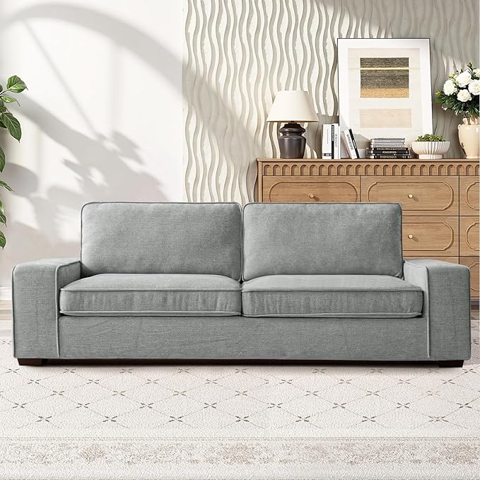 RISAR 88.58" Modern Sofa for Living Room, Chenille Couch with Removable Cover & Spring Cushions, Solid Wood Frame, Easy Assembly for Small Spaces (Light Gray)