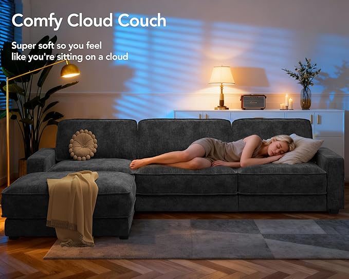 Sunny Heart 120" L-Shaped Modular Sectional Sofa, Oversized Cloud Couch with Movable Ottoman, 4-Seat Chenille Deep Seat Sofa with Pillow, Sectional Couches for Living Room, Apartment, Dark Grey