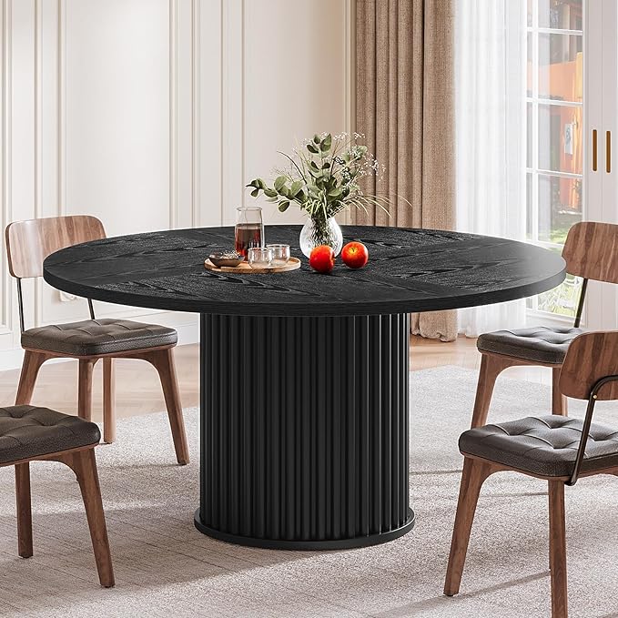 Tribesigns Round Dining Table for 4-6, 47-Inch Modern Circle Kitchen Table with Fluted Round Base, Farmhouse Wood Dinner Table for Dining Room, Kitchen, Living Room, Black