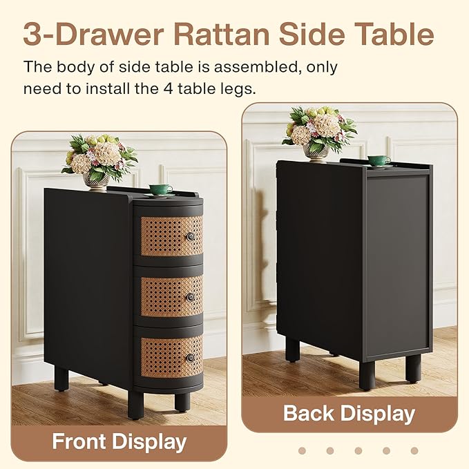 Tribesigns 3-Drawer Rattan End Table, Sofa Side Table with Vintage Embossed Handles, Slim Nightstand for Living Room, Bedroom, Finished Back, No Assembly (Black & Oak, 1 PC)