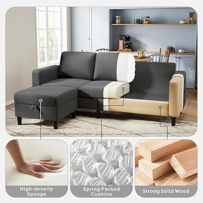 Sectional Sofa and Couches for Living Room, 78'' Dark Grey 3 Seat L-Shaped Couch with Movable Ottoman, Comfy Linen Convertible Sectionals Sofas with Chaise for Apartment, Office, Small Space