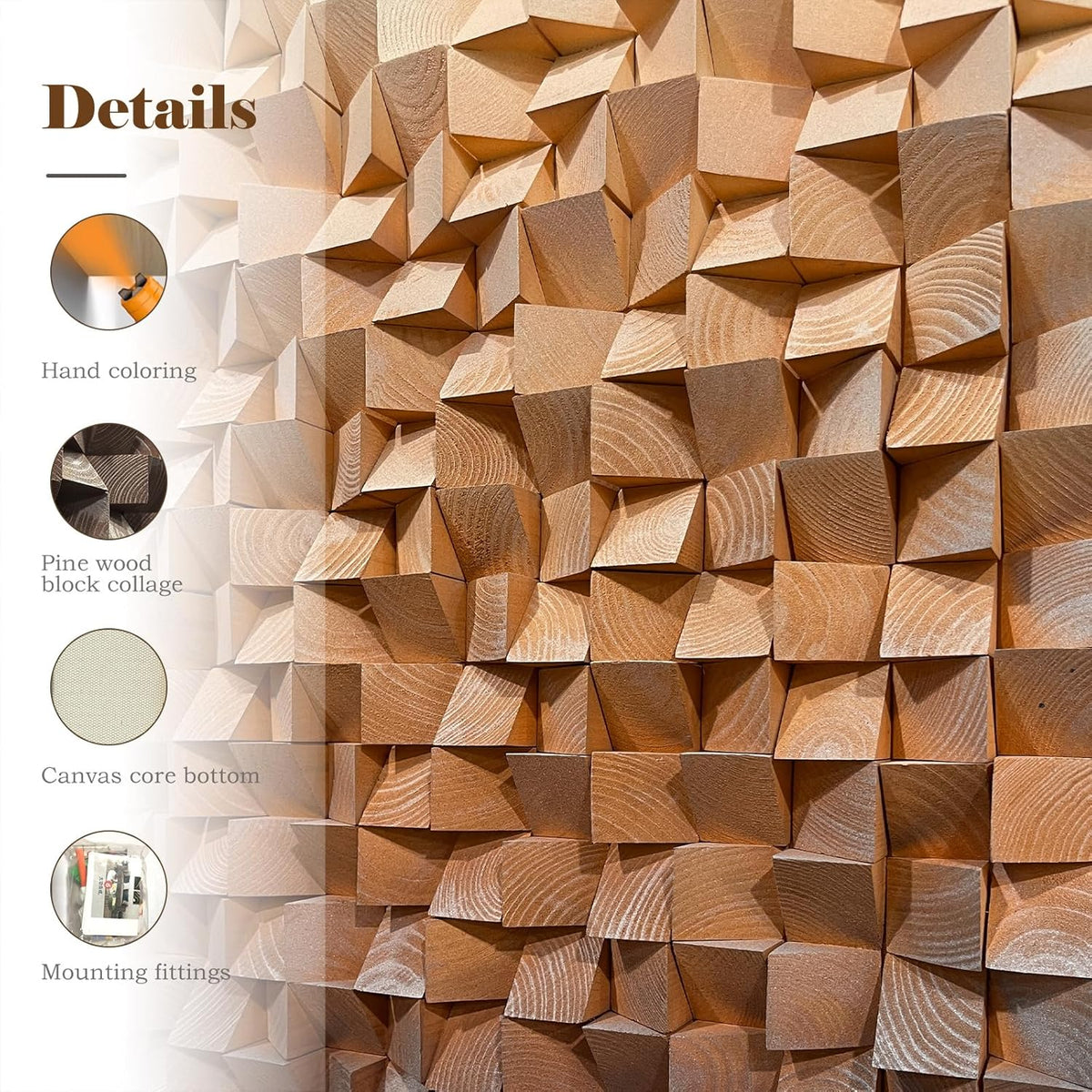 LIUZEYUE - 3D wooden block painting gradient coffee white art background wall wooden block abstract geometric wall decoration living room/bedroom/office modern minimalist style decoration 31.5"x63"
