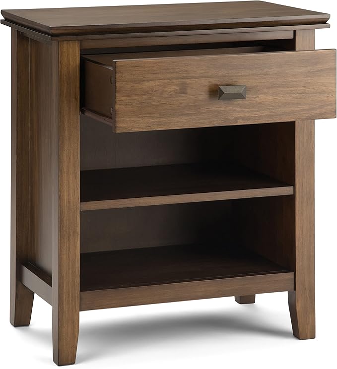 SIMPLIHOME Artisan Bedside Table - 24 inch Wide Solid Wood Nightstand Table in Rustic Natural Aged Brown, Contemporary Bedroom Side or End Table with 1 Drawer, Open Shelf Storage and Bronze Knobs