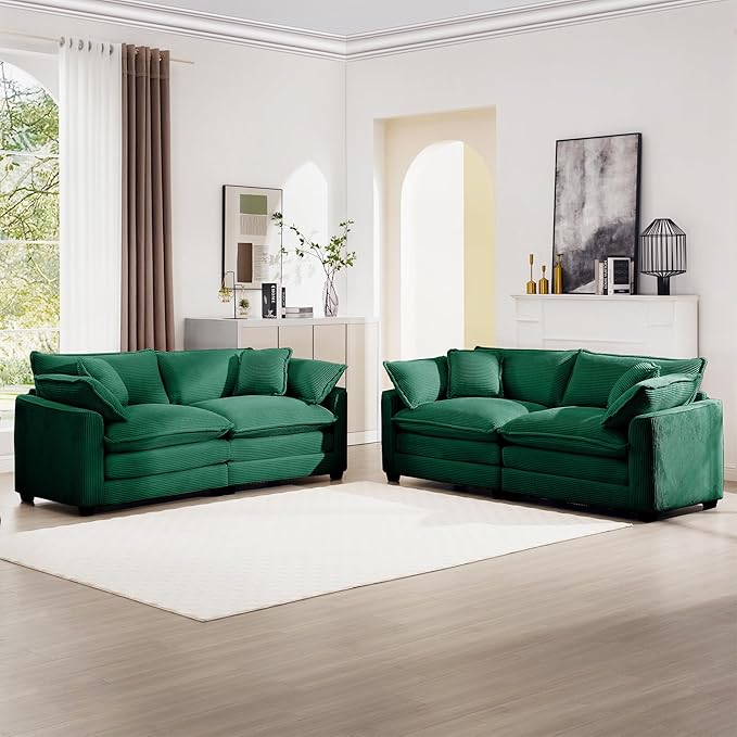 mikibama Luxury 2 Piece Sofa Set, 2 Pieces of Loveseat Couch, Modern Corduroy Comfy Cloud Couches Set for Living Room Office with 4 Armrest Pillows and 4 Toss Pillows, Green