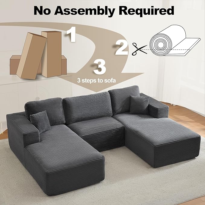 Modular Sectional Cloud Couch for Living Room,Modern Boneless Couche Set with Plush Corduroy,Comfy Floor Sofa with Memory Foam,Stupendous U Shaped Sofa,No Assembly Required,Grey