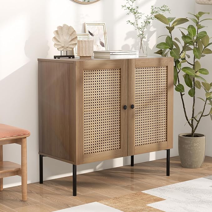 COSTWAY Buffet Cabinet with Storage, Storage Sideboard with Rattan Decorated Doors, Adjustable Shelf, Metal Legs, Accent Cabinet, Buffet Table Credenza for Hallway, Entryway, Living Room (2, Oak)