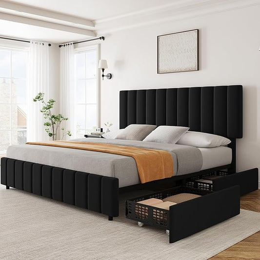 Garvee King Size Bed Frame with 4 Storage Drawers, Adjustable Height Headboard, Linen Upholstered Platform Bed Frame, No Box Spring Needed, Easy Assembly, Black