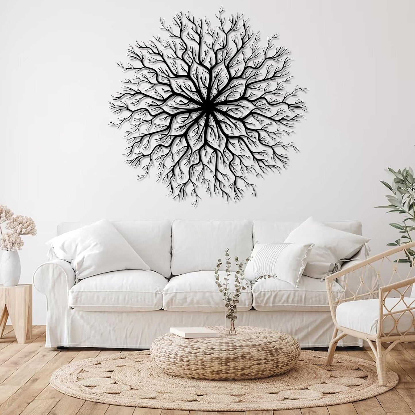 Tree of Life Metal Wall Art, Metal Tree Wall Art, Large Round Sculpture, Round Branch Wall Decor, Large Branch Artwork, Nature Sign, Wall Decor for Living Room, Housewarming Gift (Silver, 19"x19"|47x47cm)