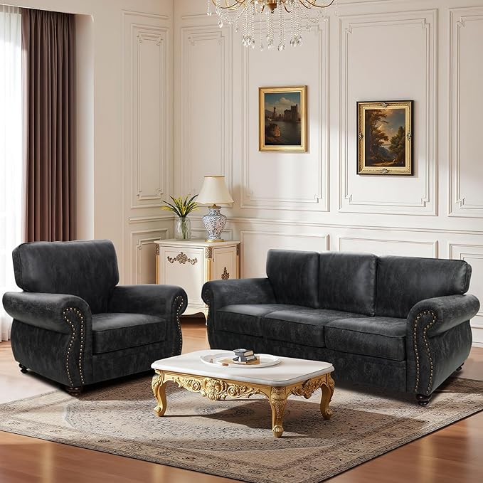 Mid-Century Vintage Sofa Couches with Rivet Design,loveseat Sofa,Removable Sofa Cover Upholstered Cushions and Solid Wood Frame (Grey, Loveseat)