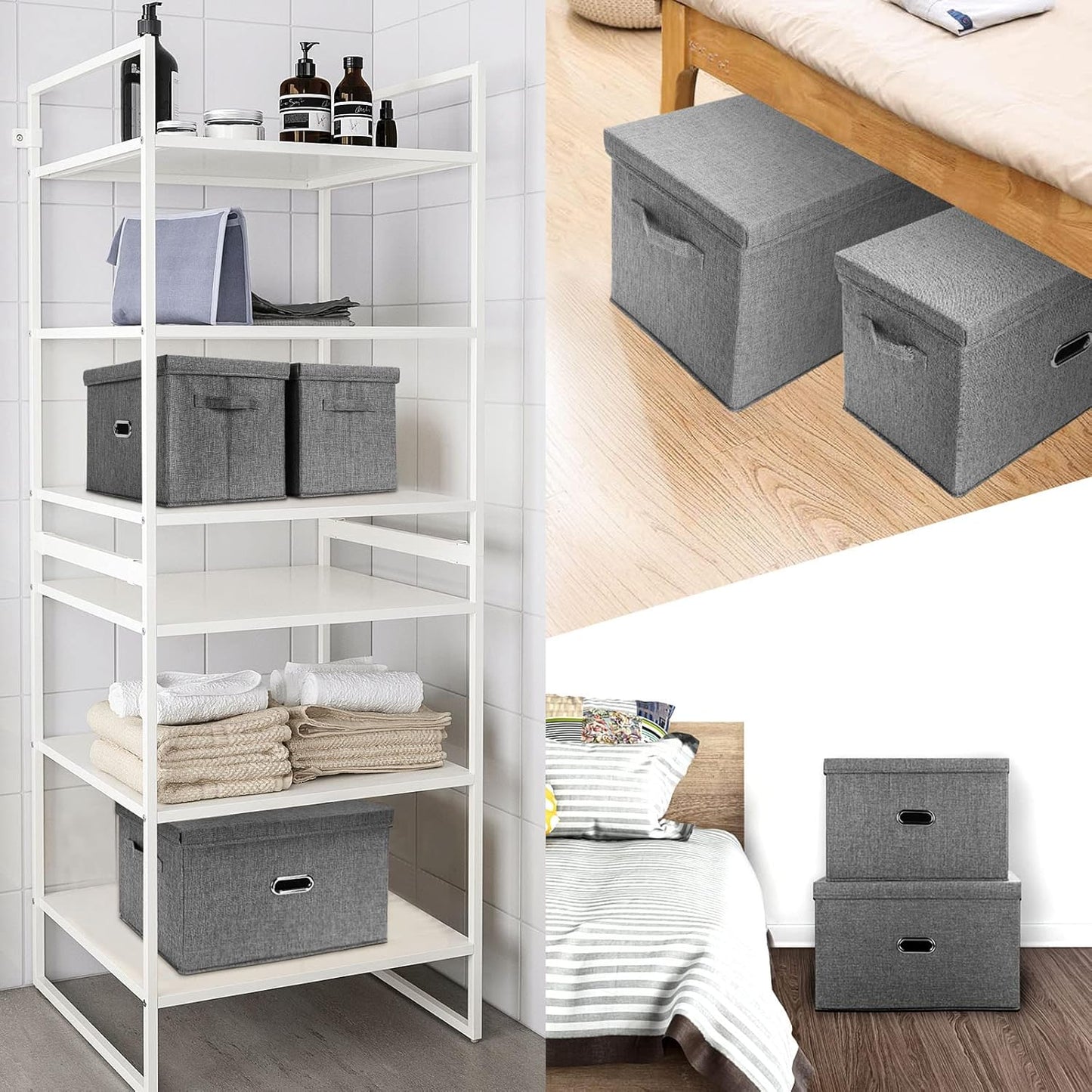 Large Linen Fabric Foldable Storage Bins with Removable Lid and Handles, Washable Storage Box Organizer Containers Baskets Cube with Cover for Bedroom,Office(Black, Large(2-Pack))
