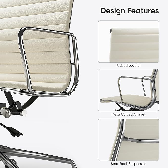 Ribbed Office Chair with Top Grain Leather - Mid Back Ergonomic Desk Chair with Aluminum Arms & Frame, Swivel Wheels & Tilt Function, Adjustable Height