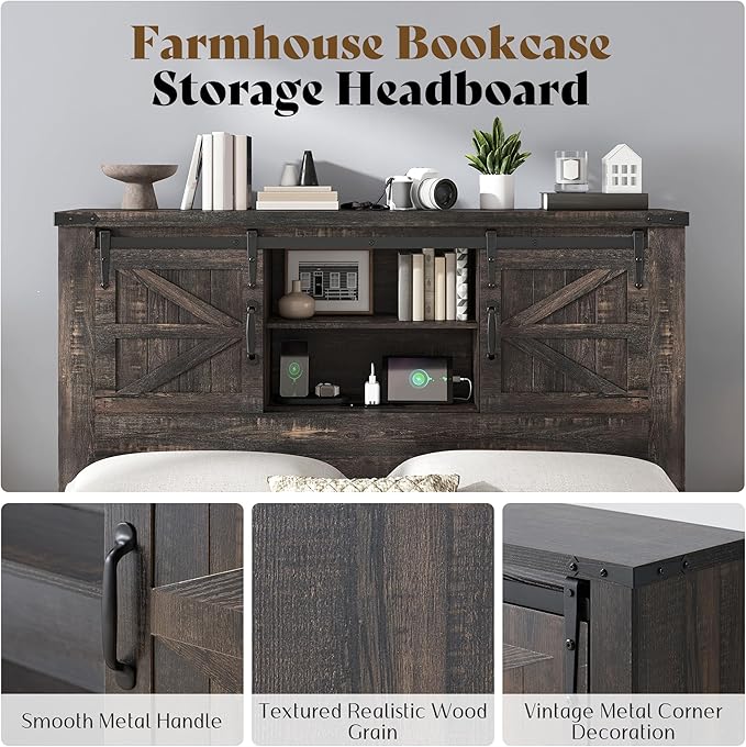 AMERLIFE Farmhouse Full Bed Frame with Storage Headboard & Charging Station, Rustic Wood Platform Bed with Barn Door Bookcase, No Box Spring Needed, Dark Oak Bedroom Furniture