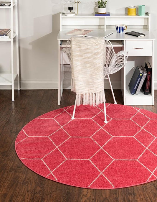 Unique Loom Trellis Frieze Collection Area Rug - Geometric (4' 1" Round, Pink/ Ivory)