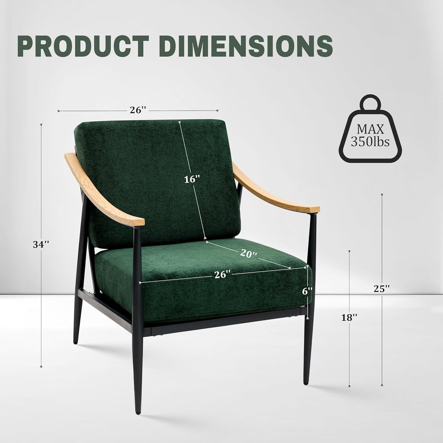 Modern Accent Chairs Set of 2 for Living Room Bedroom Mid Century Arm Chairs Upholstered Office Accent Chairs Comfy Waiting Room Chairs with Metal Frame, Green