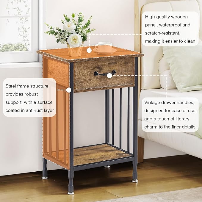 VECELO Nightstands, Industrial Side Table/End Tables with Drawer and Storage Shelf, Night Stands for Bedroom, Living Room, Wood Metal Furniture, Easy Assembly,Antique Brown,2 Sets