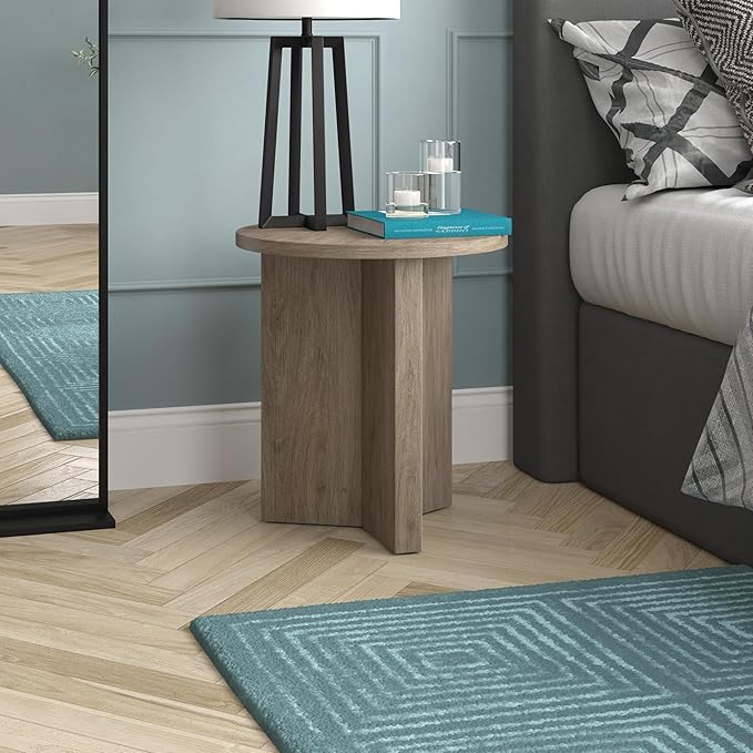 Henn&Hart 20" Wide Round Side Table in Antiqued Gray Oak, for Home, Living Room, Bedroom, Entertainment Room or Office