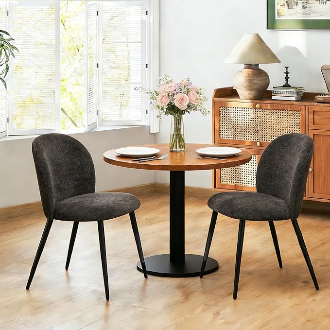 Upholstered Dining Chairs Set of 2, Modern Kitchen Side Chair with Padded Seat Comfortable Chenille Fabric Study Black Matel Legs,Desk Chair with Back for Dining Rooms, Black