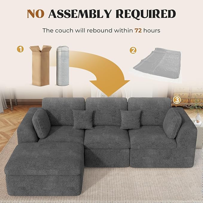 144" Cloud Sectional Couches for Living Room, Convertible U-Shape Couch with Ottoman, 6 Seater Modular Sectional Sofa,DarkGary Chenille