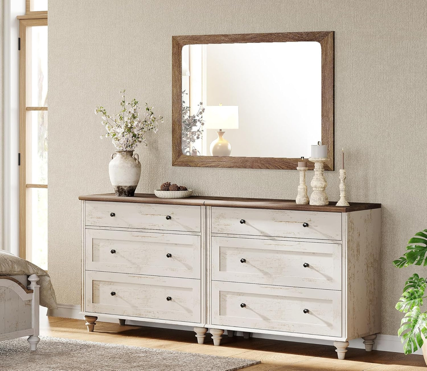 WAMPAT Kids Dresser for Bedroom with 6 Drawers, Baby Dressers with Wide Chest of Drawers, Farmhouse Wooden Closet Storage Organizer, Large Wood Dressers for Living Room, Nursery, Hallway, Rustic White