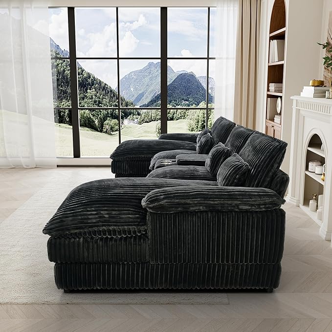 HYJT-H&K 124" U Shaped Cloud Couch Sectional, Comfy Plush Fluffy Corduroy Dark Grey Sectional Couches for Living Room, Modern Modular Corduroy Couch Sectionals with Central Console & Double Chaise