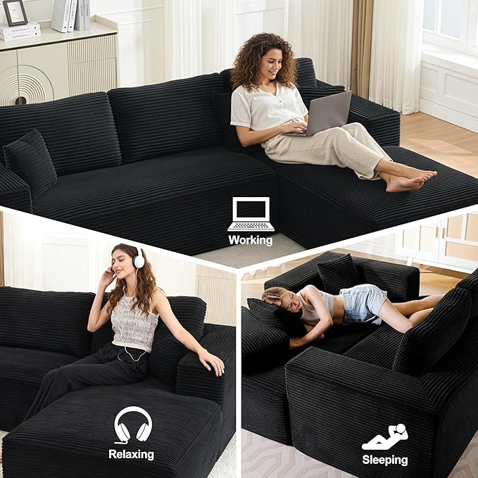Modular Sectional Cloud Couch for Living Room,Modern Boneless Couche Set with Plush Corduroy,Comfy Floor Sofa with Memory Foam,Stupendous U Shaped Sofa,No Assembly Required,Black