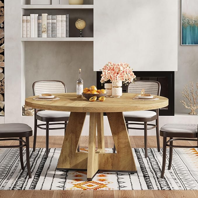 Tribesigns Round Dining Table for 4, 47 inch Farmhouse Circle Kitchen Table with Wooden Pedestal Base for Kitchen, Dining Room, Living Room (Light Wood)